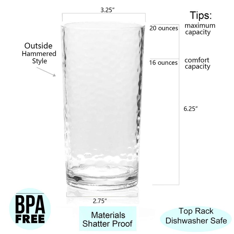 KX-WARE 20-ounce Acrylic Glasses Plastic Tumbler, set of 6 Clear - Hammered Style, Dishwasher Safe, BPA Free - Image 2